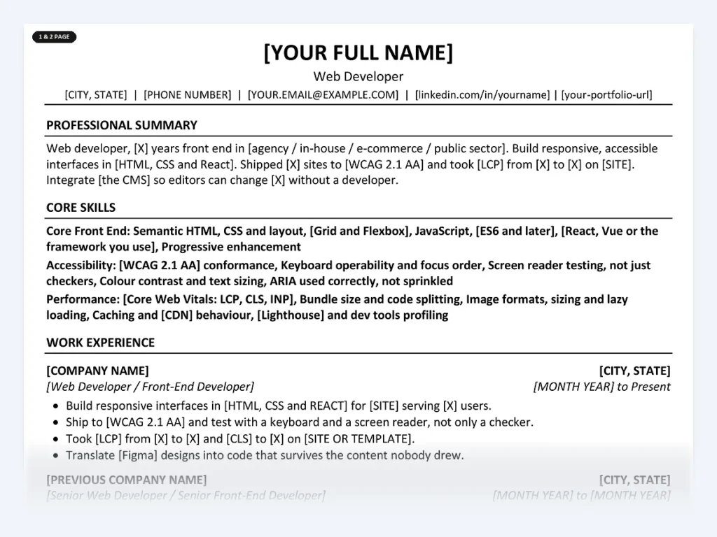 Web Developer resume template, one page, ATS-friendly layout