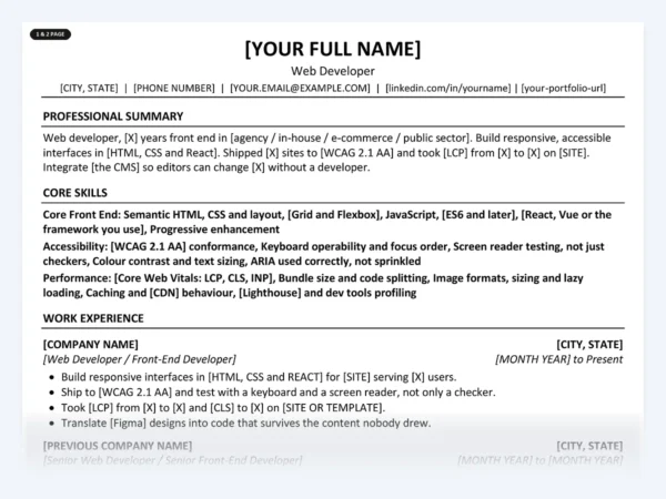 Web Developer resume template, one page, ATS-friendly layout