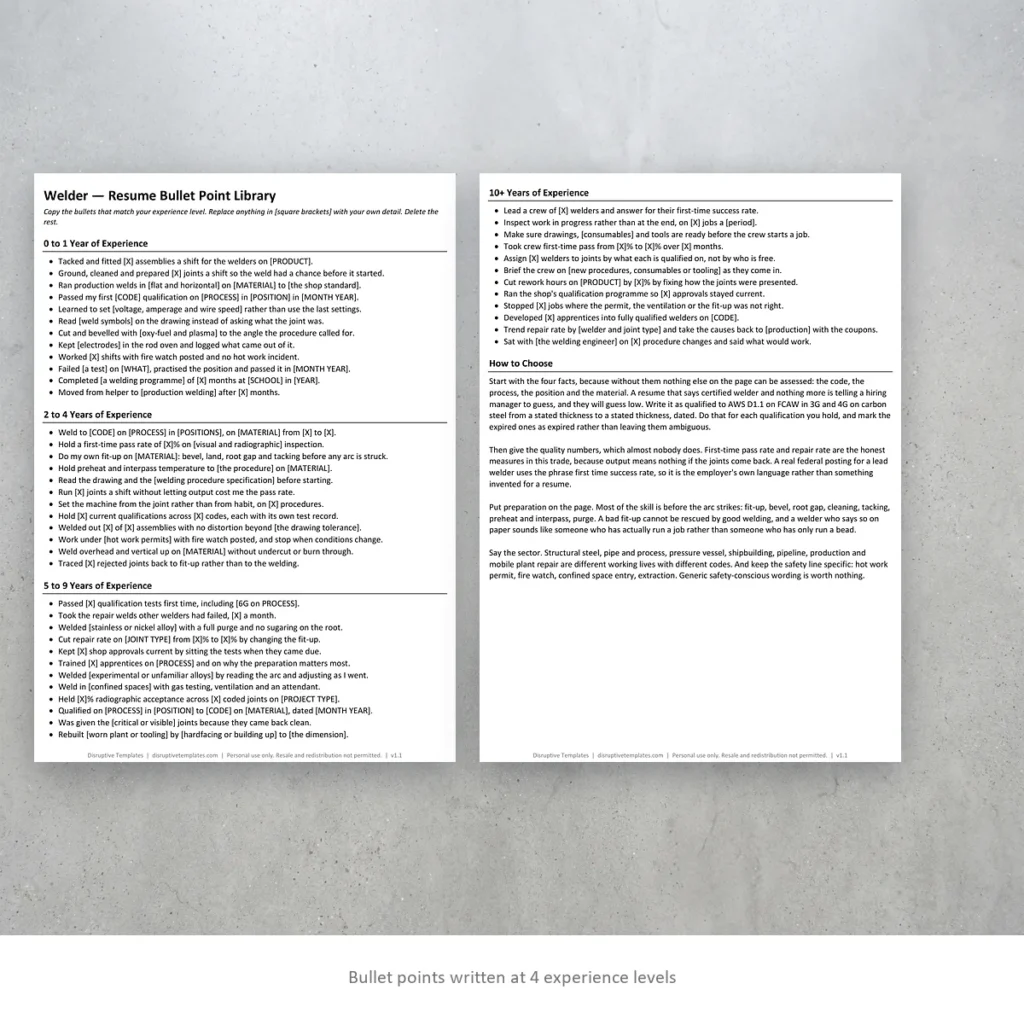 Welder resume bullet points written at four experience levels