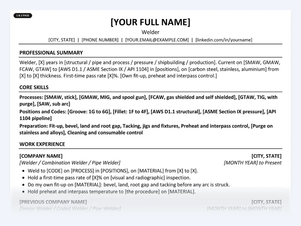 Welder resume template, one page, ATS-friendly layout