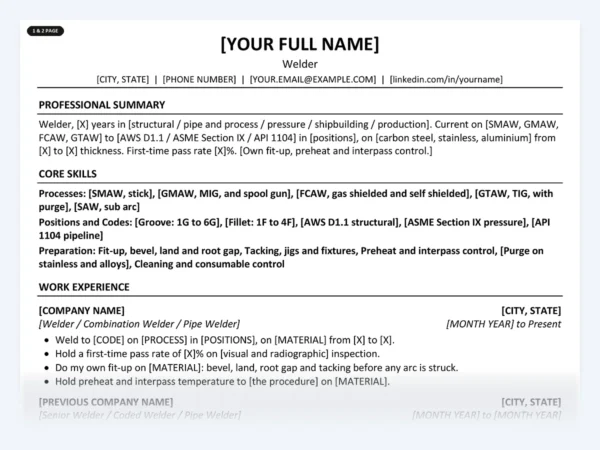 Welder resume template, one page, ATS-friendly layout