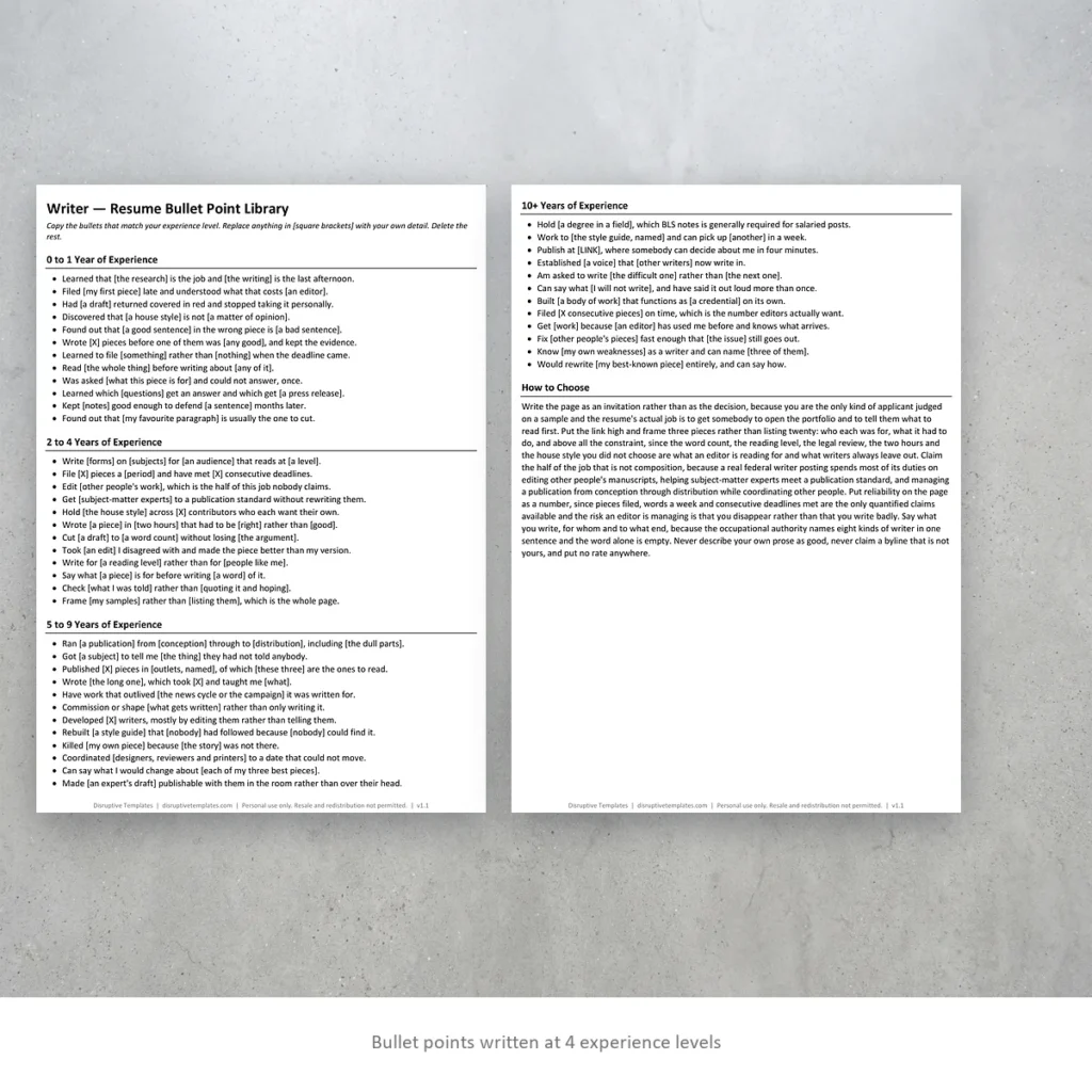 Writer resume bullet points written at four experience levels