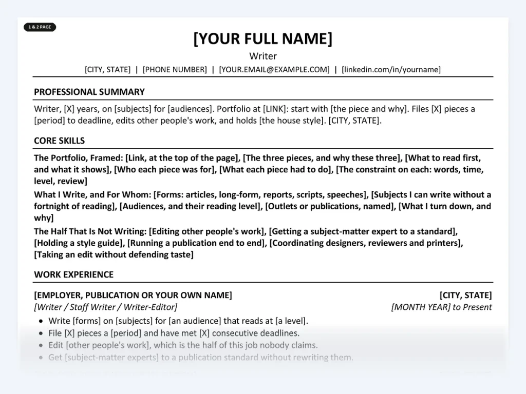 Writer resume template, one page, ATS-friendly layout
