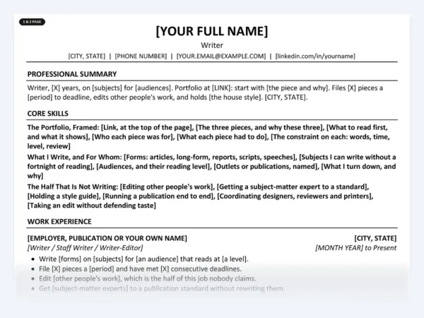 Writer resume template, one page, ATS-friendly layout