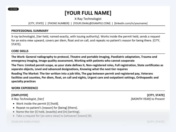 X-Ray Technologist resume template, one page, ATS-friendly layout
