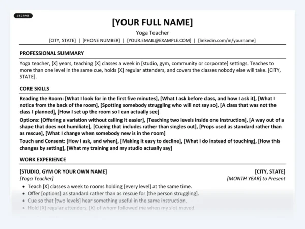 Yoga Teacher resume template, one page, ATS-friendly layout