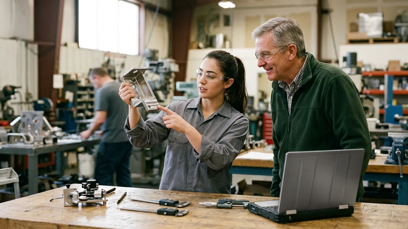 Young engineer inspecting a mechanical assembly with a senior colleague in a workshop
