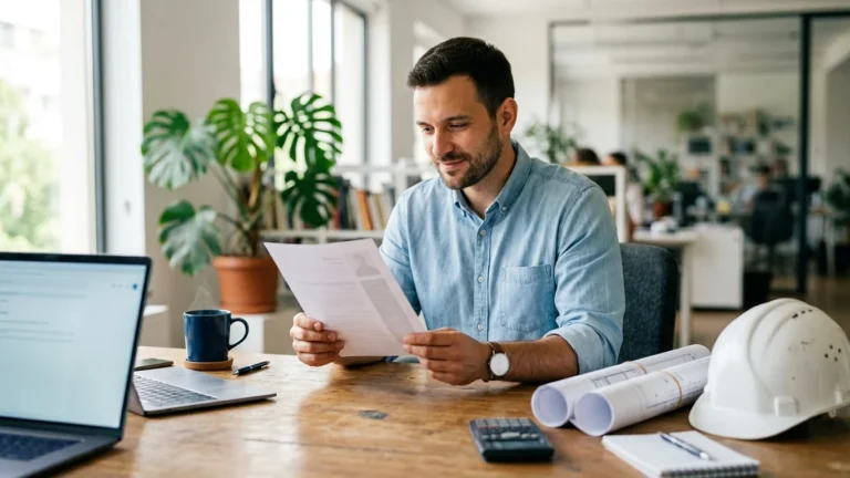 Engineer at a desk with rolled technical drawings, reviewing a printed one-page resume