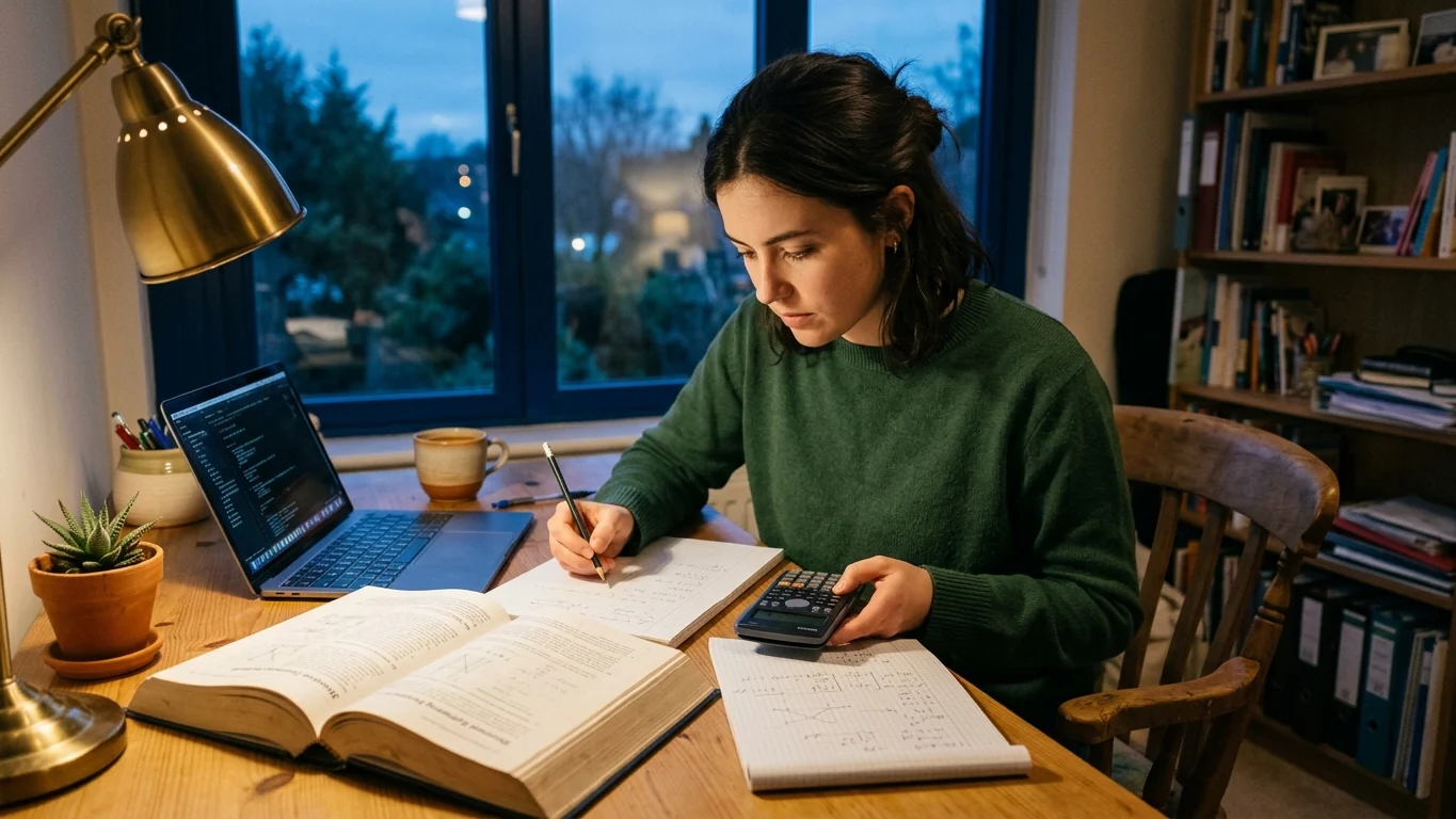 Student writing notes at a home desk with a laptop, open textbooks and a calculator