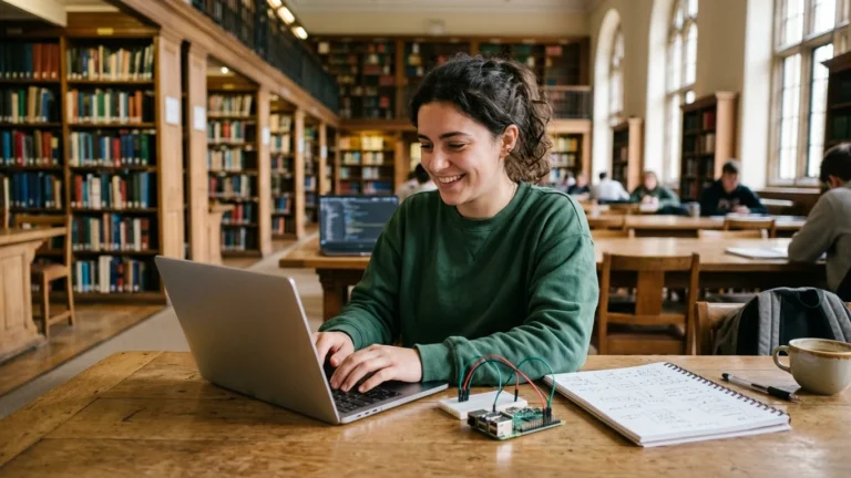Student typing on a laptop at a library table with a notebook and a small circuit board