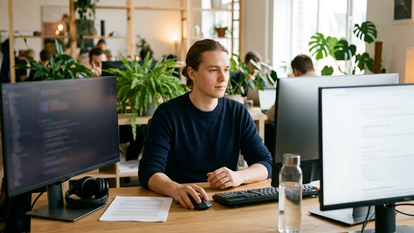 A software developer at a desk with a code editor on one screen and a printed resume beside the keyboard