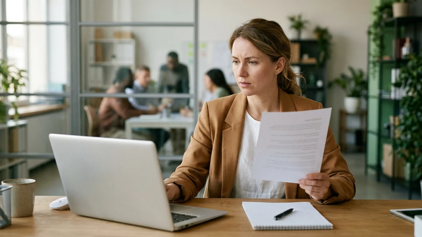A recruiter at a desk comparing a printed resume with text on a laptop screen