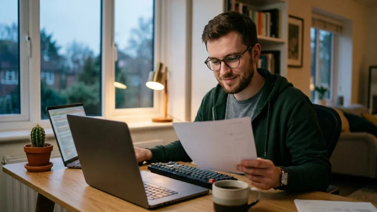 A developer at a desk with an open laptop and a printed one-page resume, comparing the two