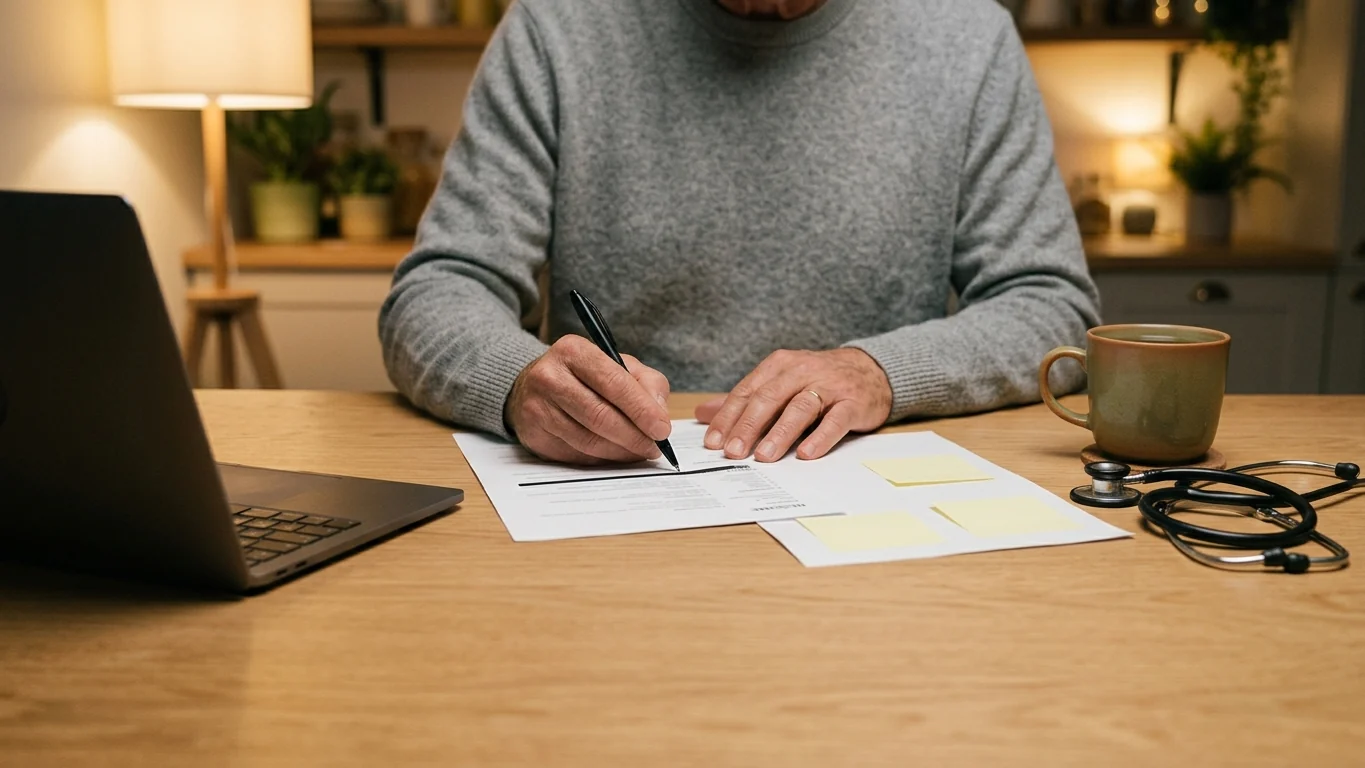 Hands marking bullet points on a printed one-page resume with a pen beside a laptop and a stethoscope