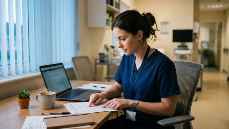 Medical assistant in teal scrubs at a clinic workstation checking the patient schedule between appointments