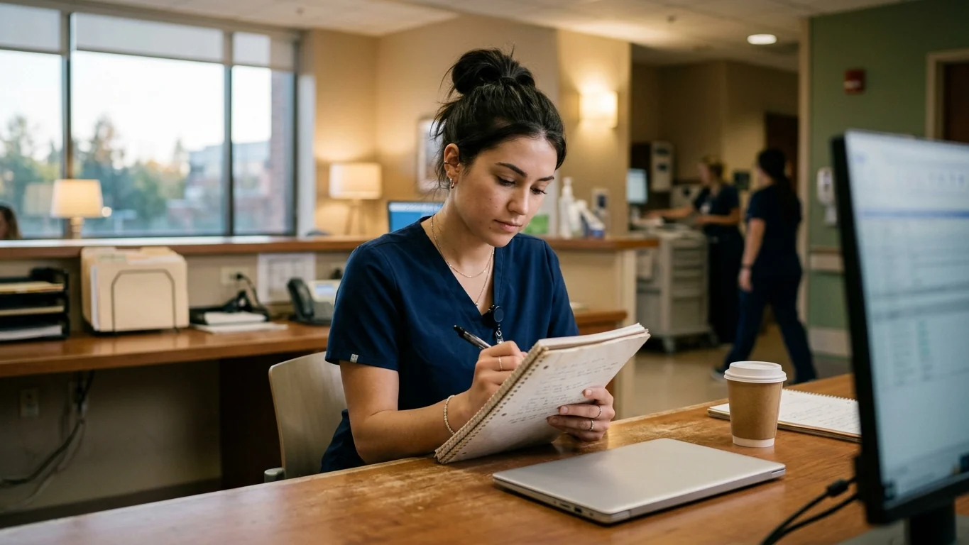 New graduate nurse in navy scrubs reviewing notes at a hospital nurses' station before a shift