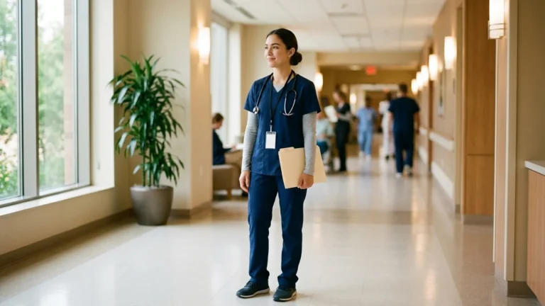 New graduate nurse in navy scrubs standing in a bright hospital corridor holding a folder