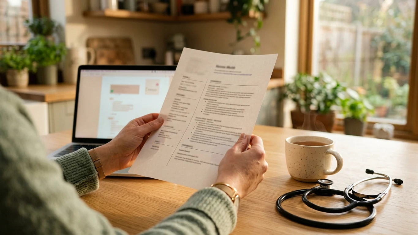 Hands holding a printed nursing resume at a kitchen table next to a stethoscope and a laptop
