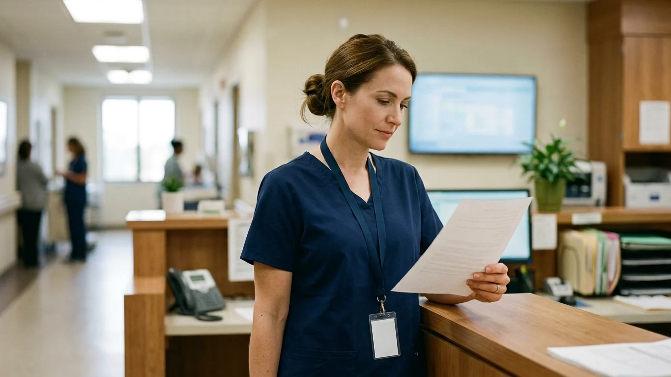 Nurse in navy scrubs reading a printed page at a hospital unit workstation