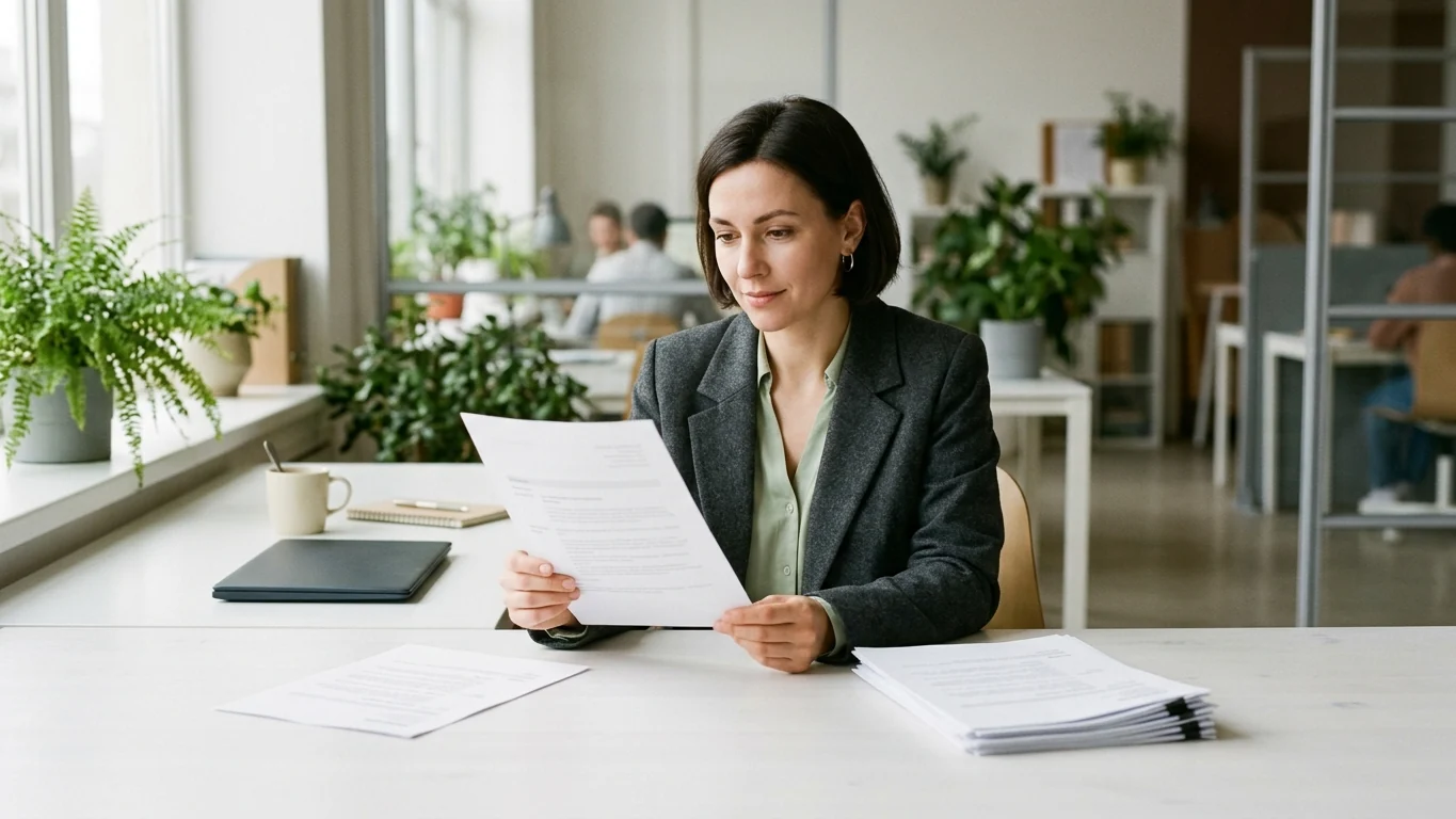 Recruiter at an office desk reading a printed resume beside a stack of resumes