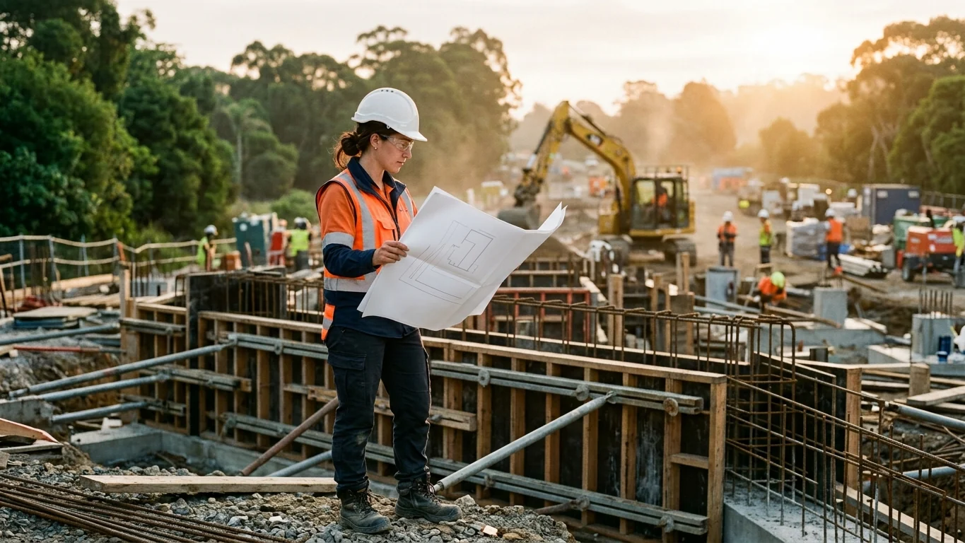 Engineer in a hard hat and hi-vis vest reviewing drawings on a construction site
