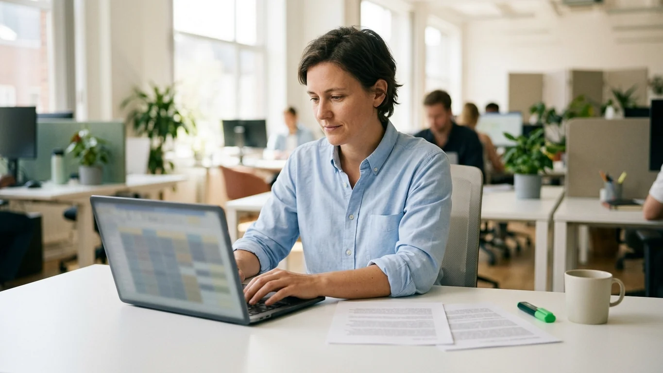 Office worker in a blue shirt working on a spreadsheet, printed reports and a highlighter beside