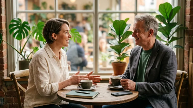 Two people talking across a small cafe table over coffee, notebook between them