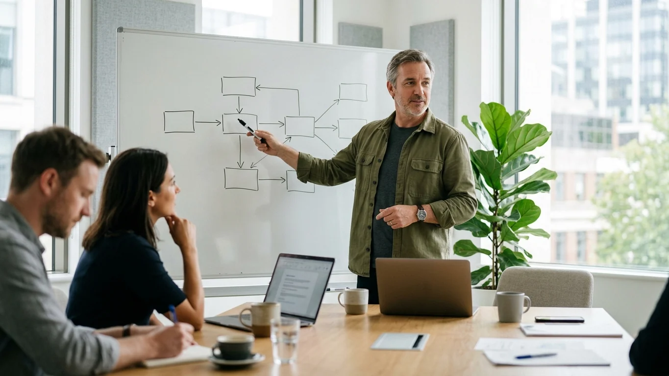 Manager explaining a diagram at a whiteboard while two colleagues listen and take notes