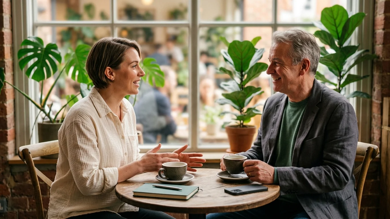 Former manager and employee talking over coffee about an upcoming reference call