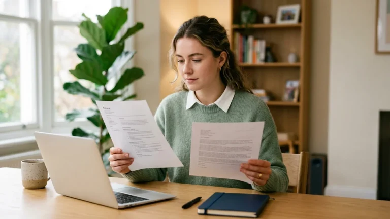 Job seeker at a home desk holding a one-page resume and a separate printed reference page