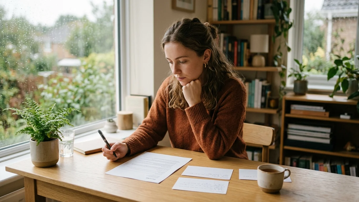 Person at a desk choosing words for a resume, pen hovering over a printed page with notes beside it