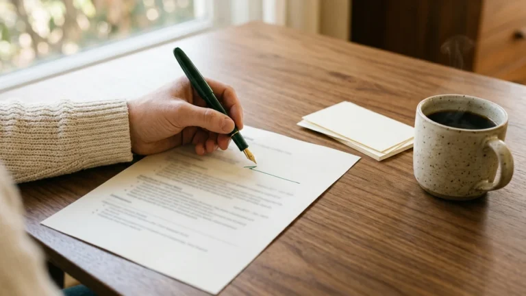 Close-up of a hand with a pen rewriting one bullet line on a printed resume on a wooden desk