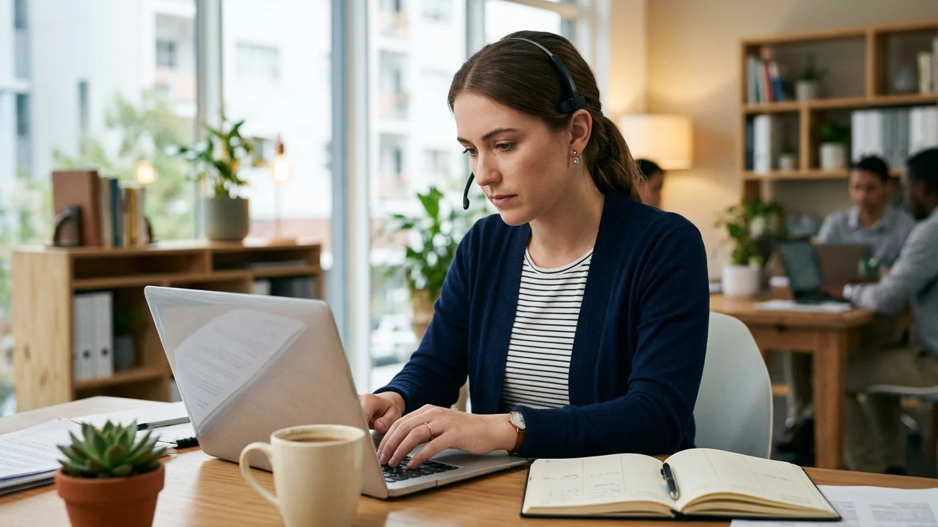 Office worker with a headset typing on a laptop, a planner open beside it