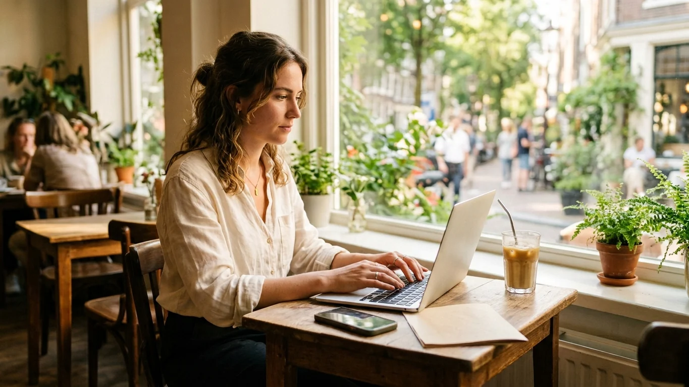 Person at a cafe window table editing a resume on a laptop with a phone beside it