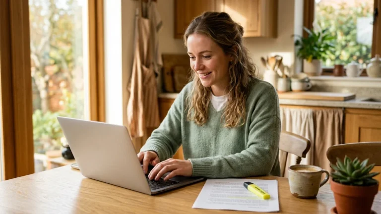 Job seeker editing a one-page resume on a laptop at a kitchen table, a printed copy beside the keyboard