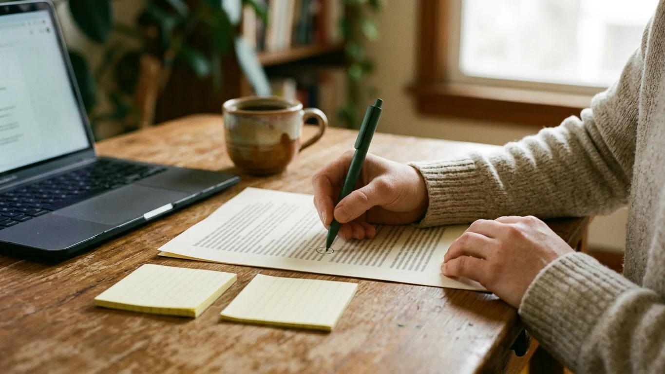 Hands marking notes on a printed page beside a laptop and sticky notes