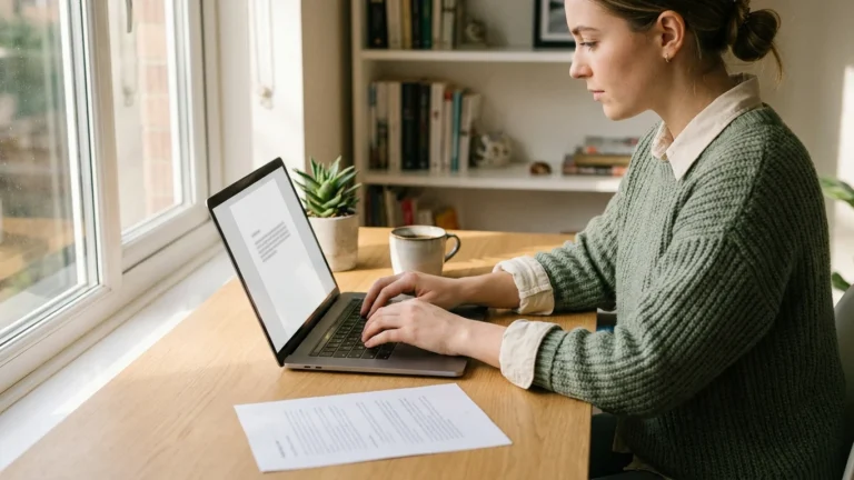 A job seeker at a home desk editing a resume on a laptop, with a printed one-page resume beside it