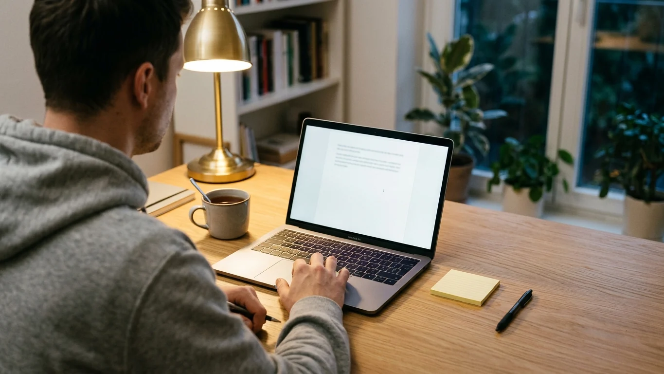 Over-the-shoulder view of someone editing a document on a laptop at a tidy home desk