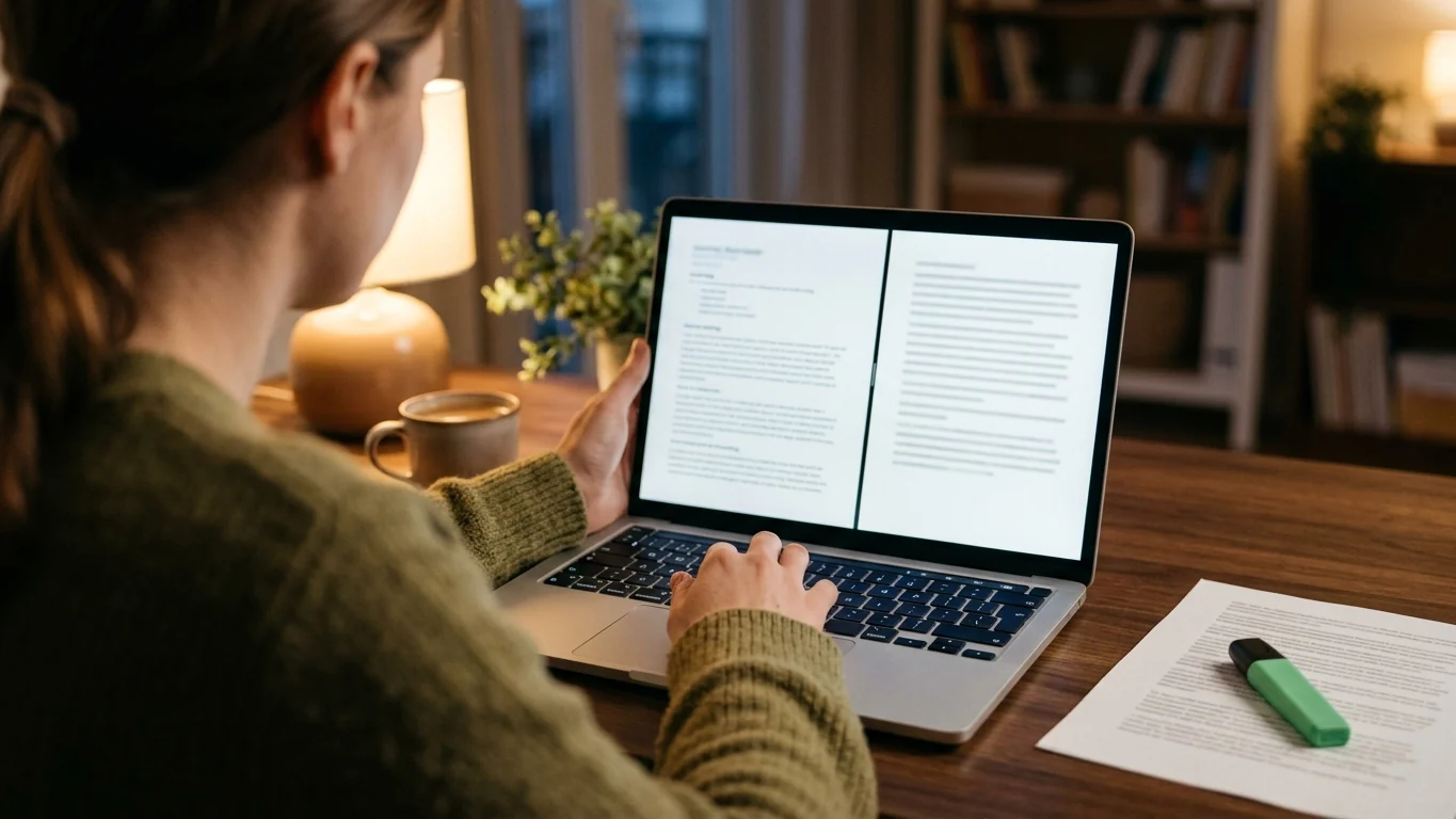 Person at a laptop showing two document pages side by side, a highlighter on a printed page beside it