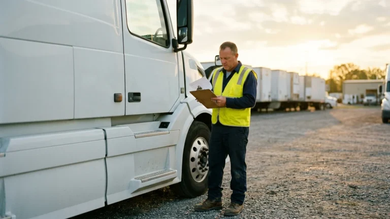 Worker in a high-visibility vest checking a clipboard in a trailer yard at sunrise