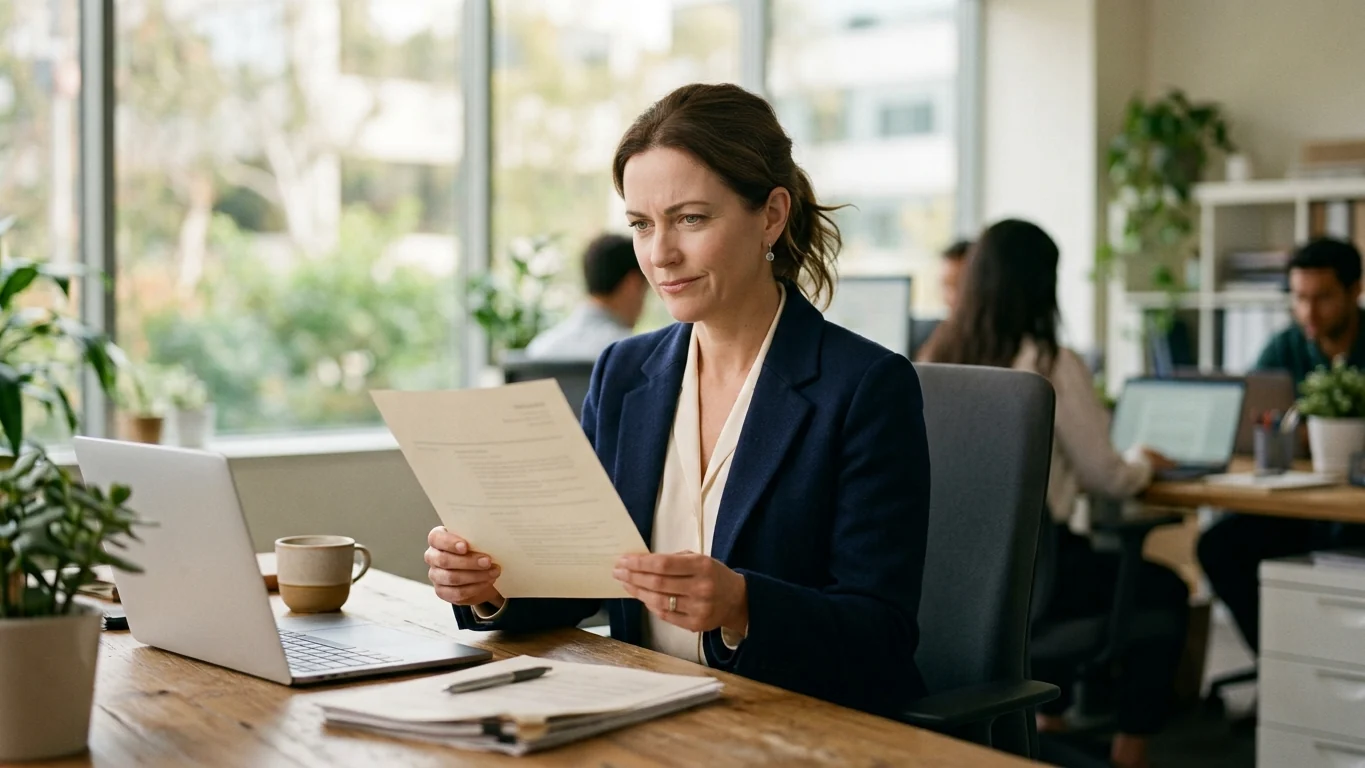 Hiring manager at an office desk reading a printed resume