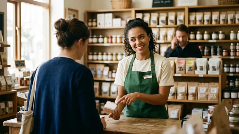 Shop worker in an apron smiling as she serves a customer at a counter