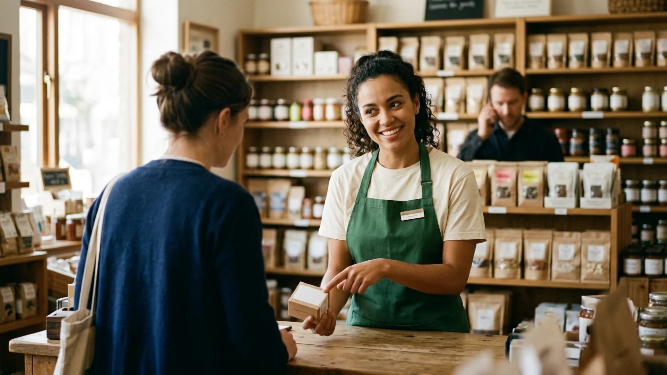 Shop worker in an apron smiling as she serves a customer at a counter