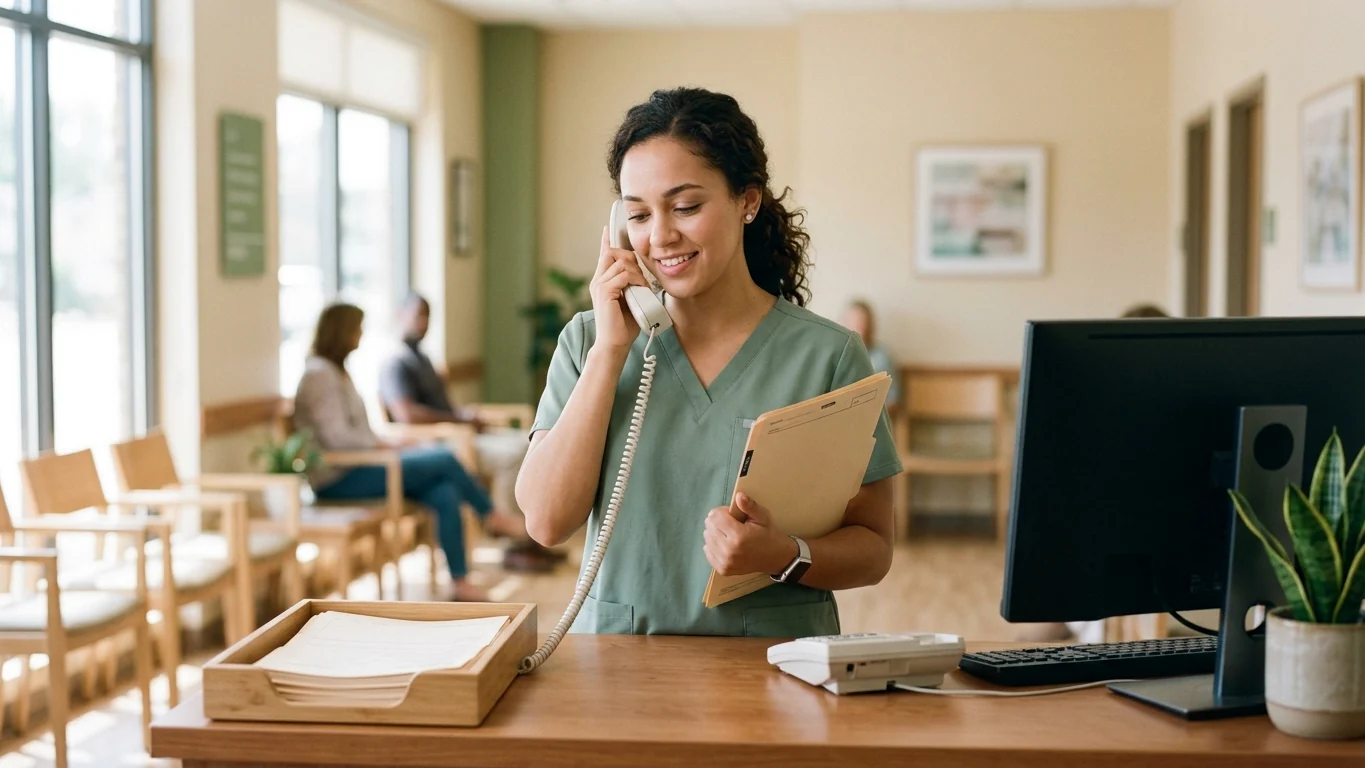 Medical assistant in scrubs on the phone at a clinic front desk, holding a folder