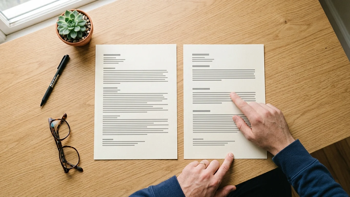 Overhead view of two printed pages side by side on a desk, one hand pointing at a line