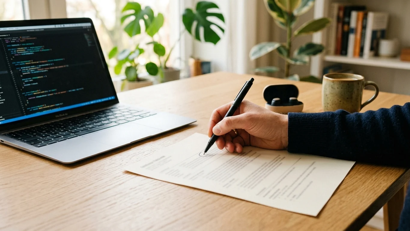 Software engineer at a desk reviewing a printed one-page resume next to a laptop showing code