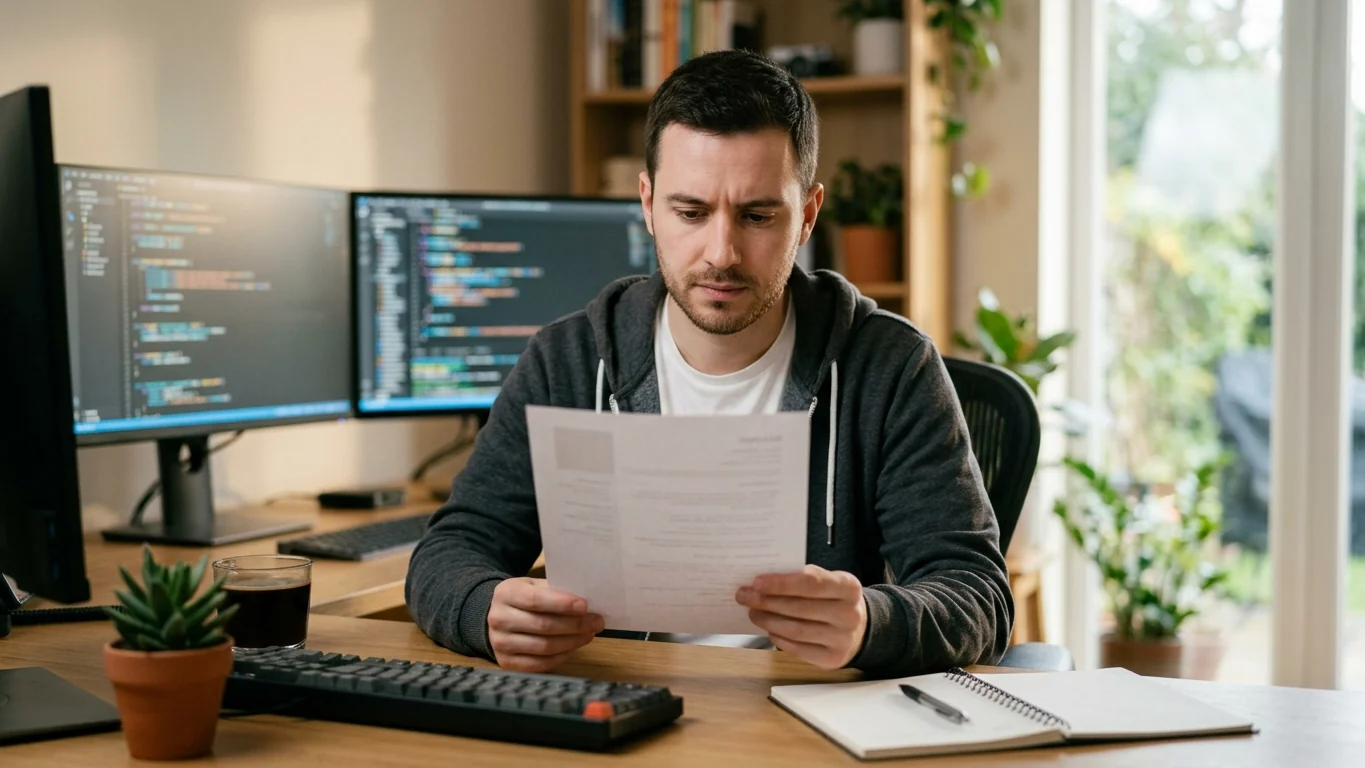 Software engineer at a home desk reviewing a printed resume beside two monitors