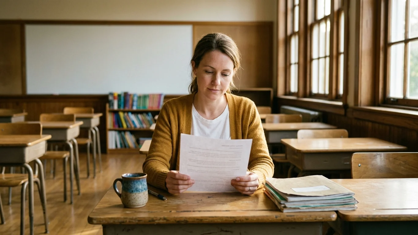 Teacher at a classroom desk after school reviewing a printed resume