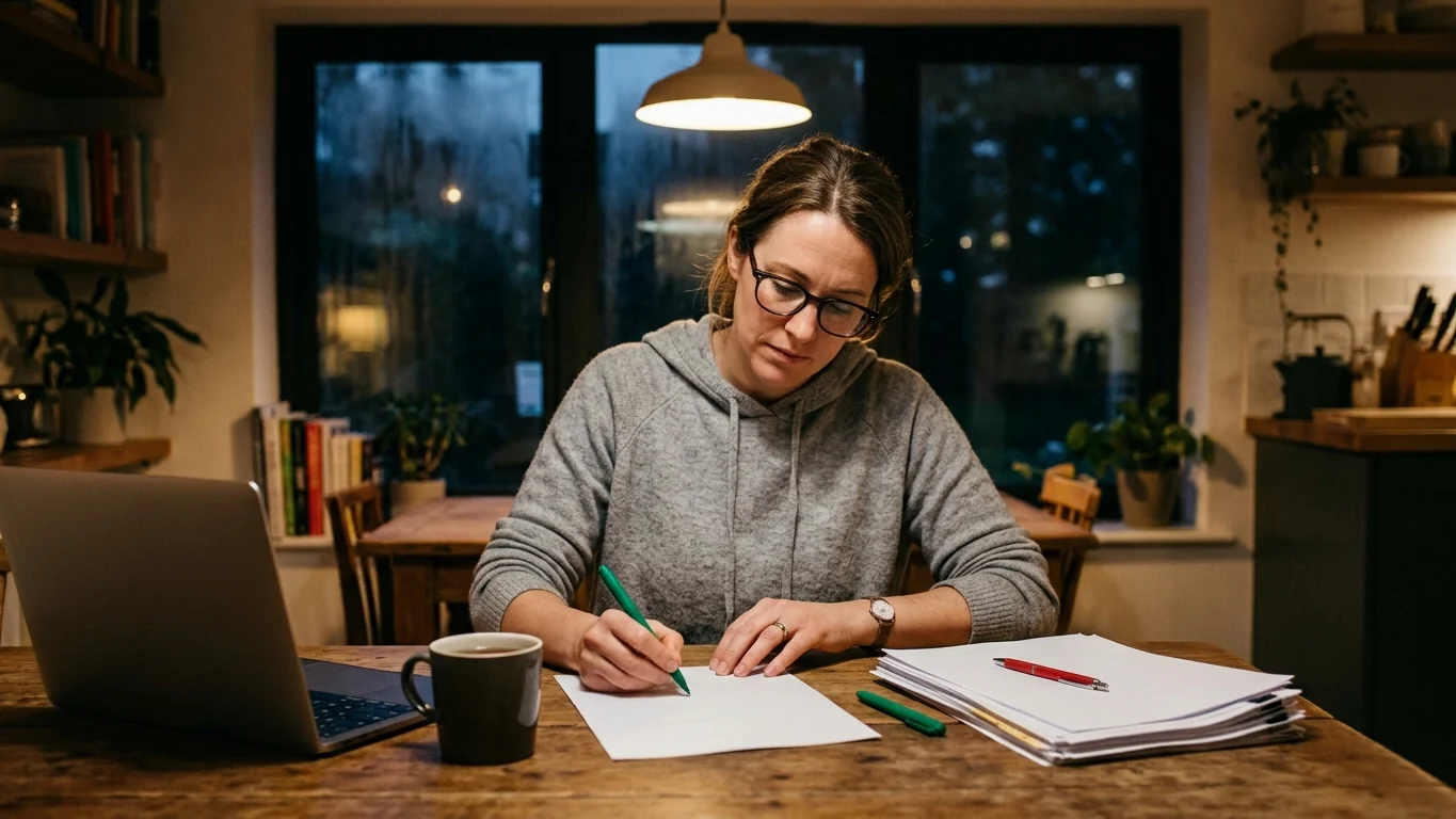 Teacher marking up a printed resume with a pen at a kitchen table in the evening