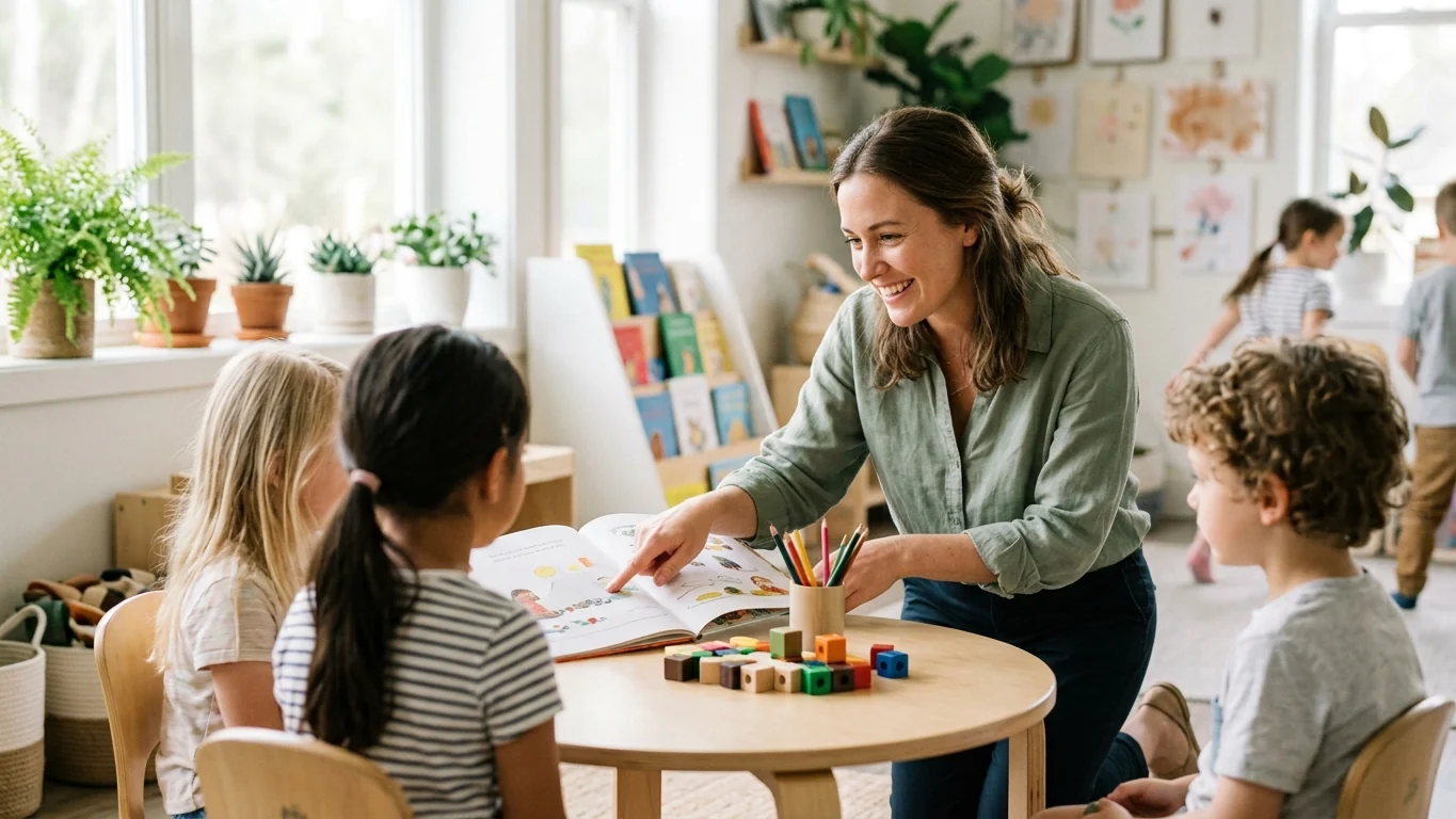 Elementary teacher working with a small group of students at a round table in a bright classroom